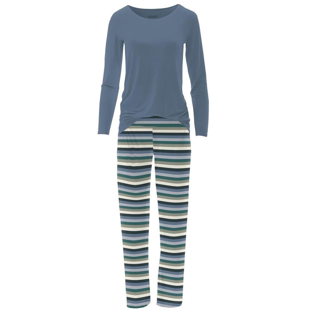 NEW KICKEE women's long sleeve tee & pajama pants set in snowy stripe